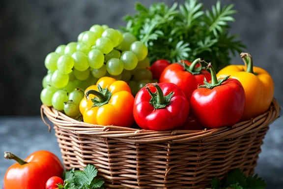 Variedad de frutas y verduras frescas en una cesta