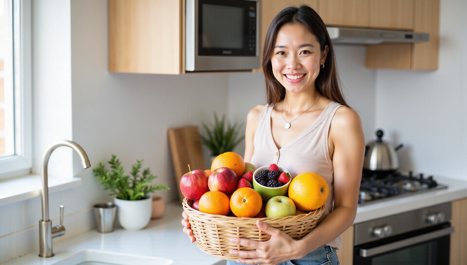Mujer sonriendo sosteniendo frutas frescas