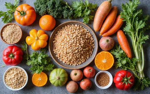 Mesa con una variedad de alimentos saludables como frutas, verduras, cereales integrales y legumbres, mostrando diversidad y equilibrio.