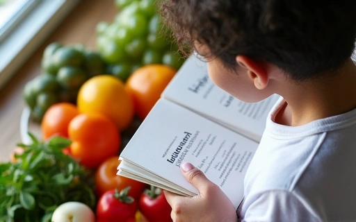 Persona leyendo un libro sobre nutrición con frutas y verduras frescas alrededor, simbolizando aprendizaje y salud.